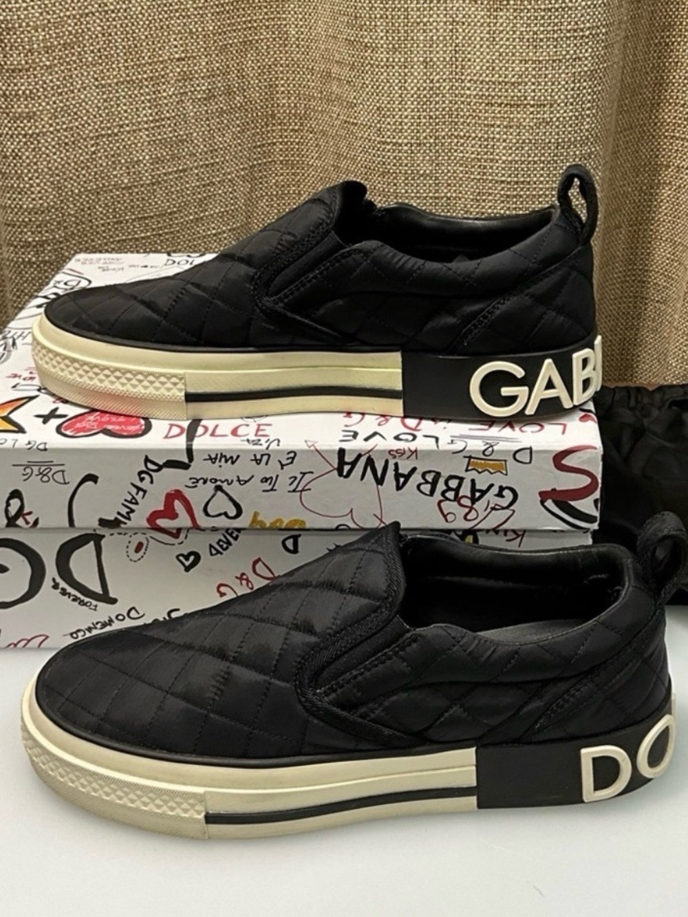 DOLCE & GABBANA Custom 2.Zero Quilted Slip On Black Nyon Sneakers 38 shoes
